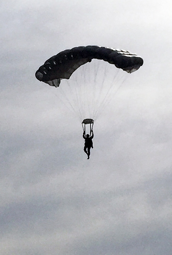 Army Staff Sgt. Brittany Sheehan during her military freefall jump, one of her rigger proficiency jumps.