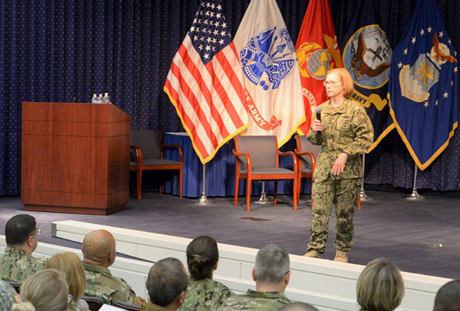 Navy Rear Adm. Deborah Haven addresses DLA’s reservists in a recent training event.