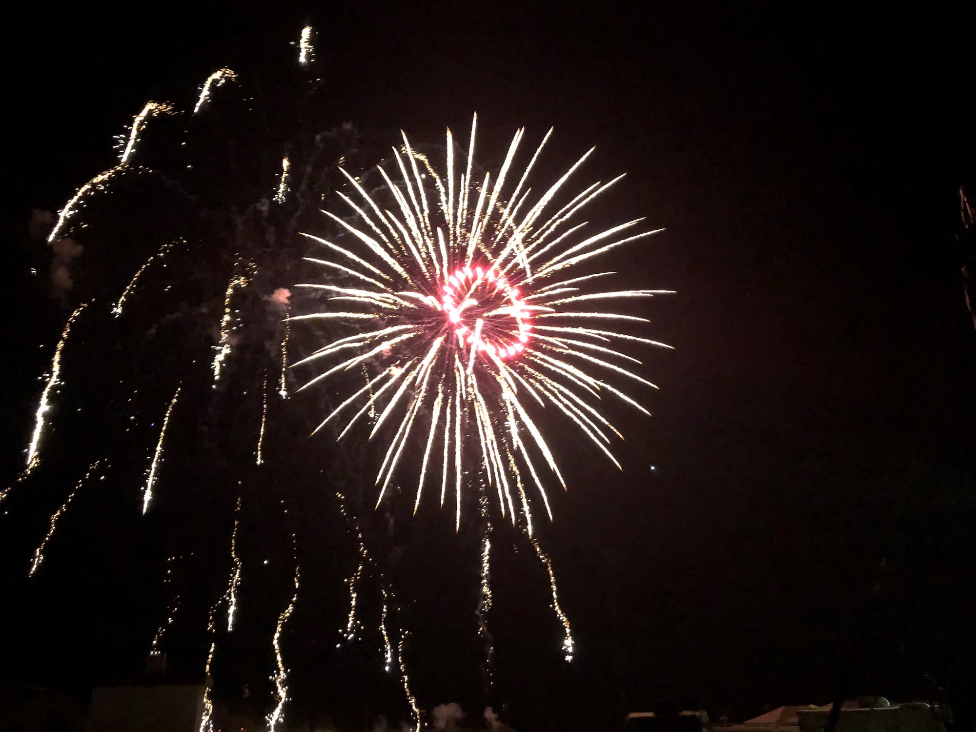 Fireworks light up the sky at the Summer Bash at Wings Field, July 4. Patriotic music such as the Air Force Song and the Star Spangled Banner accompanied the 20-minute show.(U.S. Air Force photo by Laura Motes)