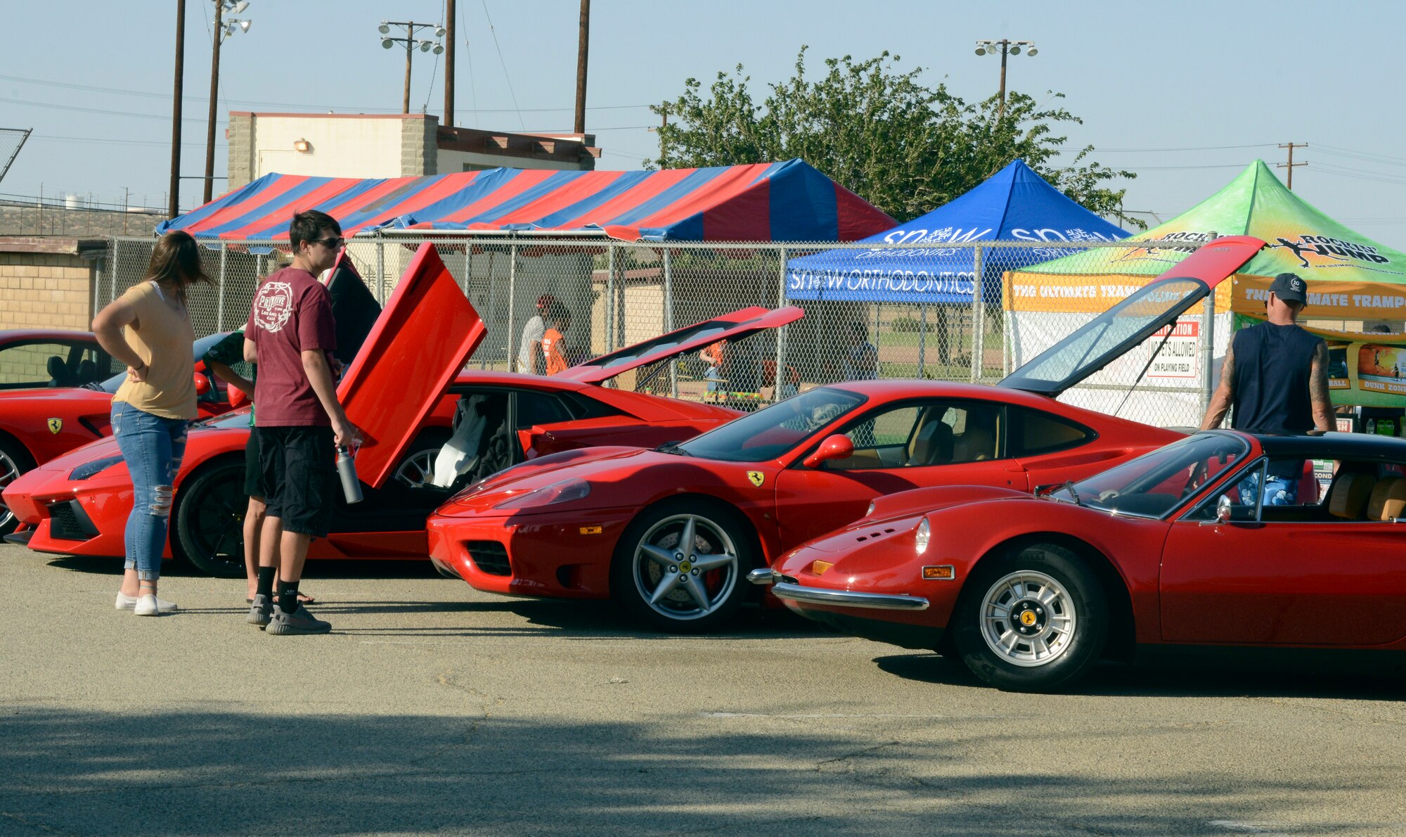 Exotic cars such as Porsche and Ferrari line the parking lot in front of Wings Field during the Summer Bash, July 4. More than 2,500 people came through the bash to see the striking vehicles. (U.S. Air Force photo by Laura Motes)
