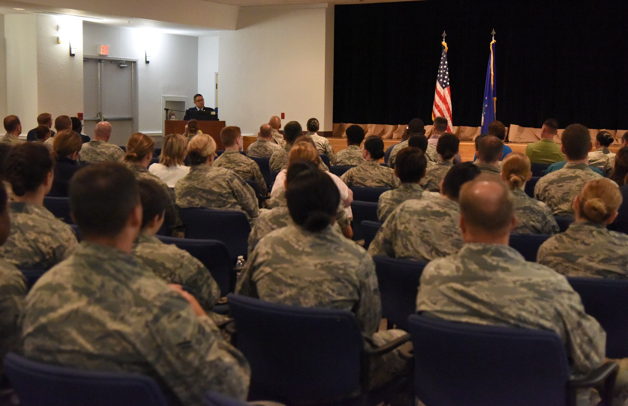 U.S. Air Force Lt. Col. Ryan Mihata, 81st Surgical Operations Squadron commander, delivers remarks during the 81st MSGS assumption of command ceremony at the Keesler Medical Center on Keesler Air Force Base, Mississippi, July 2, 2018. The passing of the guidon is a ceremonial symbol of exchanging command from one commander to another. (U.S. Air Force photo by Kemberly Groue)