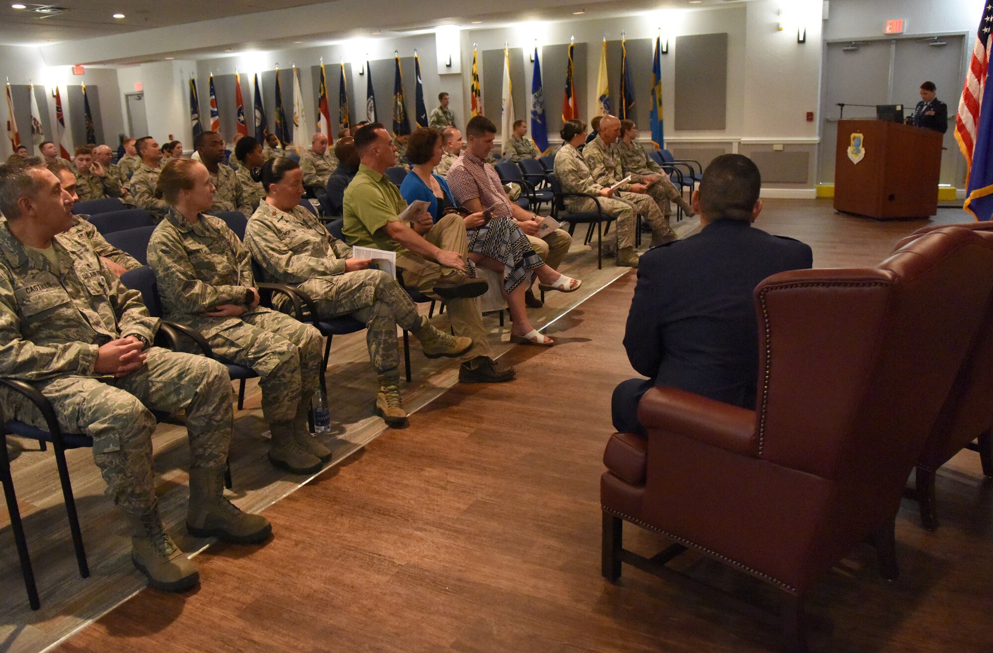 U.S. Air Force Col. Beatrice Dolihite, 81st Medical Group commander, delivers remarks during the 81st Surgical Operations Squadron assumption of command ceremony at the Keesler Medical Center on Keesler Air Force Base, Mississippi, July 2, 2018. Lt. Col. Ryan Mihata, incoming 81st MSGS commander, assumed command by accepting the guidon from Dolihite during the ceremony. (U.S. Air Force photo by Kemberly Groue)