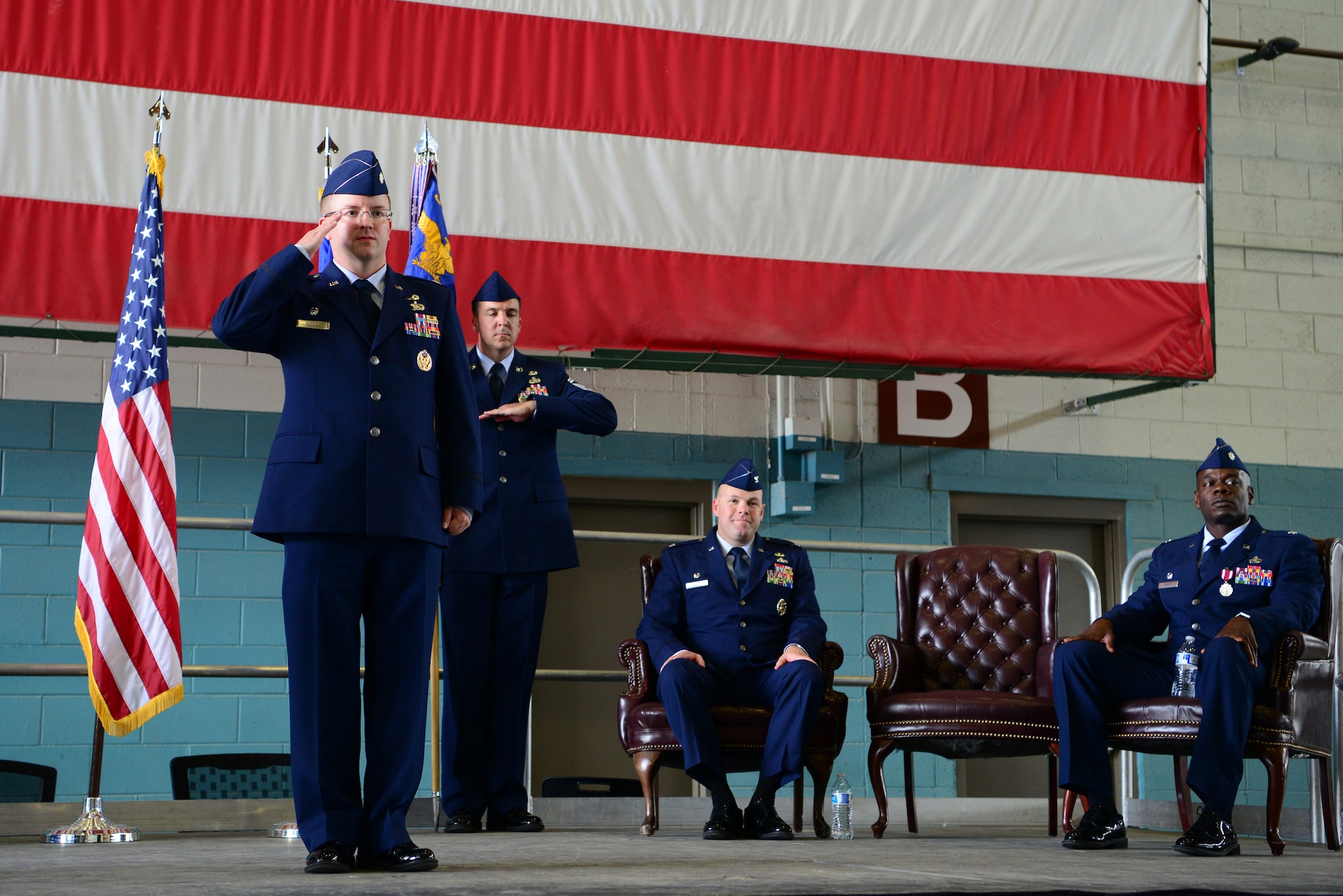 U.S. Air Force Lt. Col. Scott Ruppel, 58th Aircraft Maintenance Squadron commander, receives his first salute at the 58th AMXS change of command ceremony at Kirtland Air Force Base, N.M., July 6. Ruppel's previous assignment was the UH-1N replacement and CV-22 Program element monitor, Pentagon, Va. (U.S. Air Force photo by SrA Eli Chevalier)