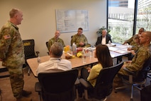 Major Michael Hay, officer-in-charge of the Phoenix Medical Recruiting Station, briefs details of the Stop the Bleed initiative to senior leaders during U.S. Army Recruiting Command's Deputy Commanding General of Operations, Brigadier General Kevin Vereen's visit to the station. Joining the DCG-O for the brief were 6th Medical Recruiting Battalion Commander, Lieutenant Colonel Matthew Mapes, Civilian Aide to the Secretary of the Army, Dr. Randy Groth, and Community Partners.