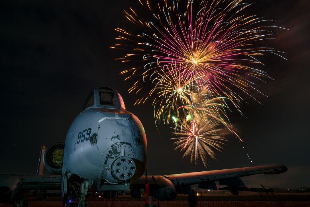 An A-10 Thunderbolt II from the 25th Fighter Squadron sits on display during the 4th of July Liberty Festival at Osan Air Base, Republic of Korea, July 4, 2018. More than 4,500 service members and their families attended the festival to enjoy food, entertainment and a fireworks show hosted by the 51st Force Support Squadron and various supporting organizations. (U.S. Air Force photo by Staff Sgt. Rachel Maxwell)