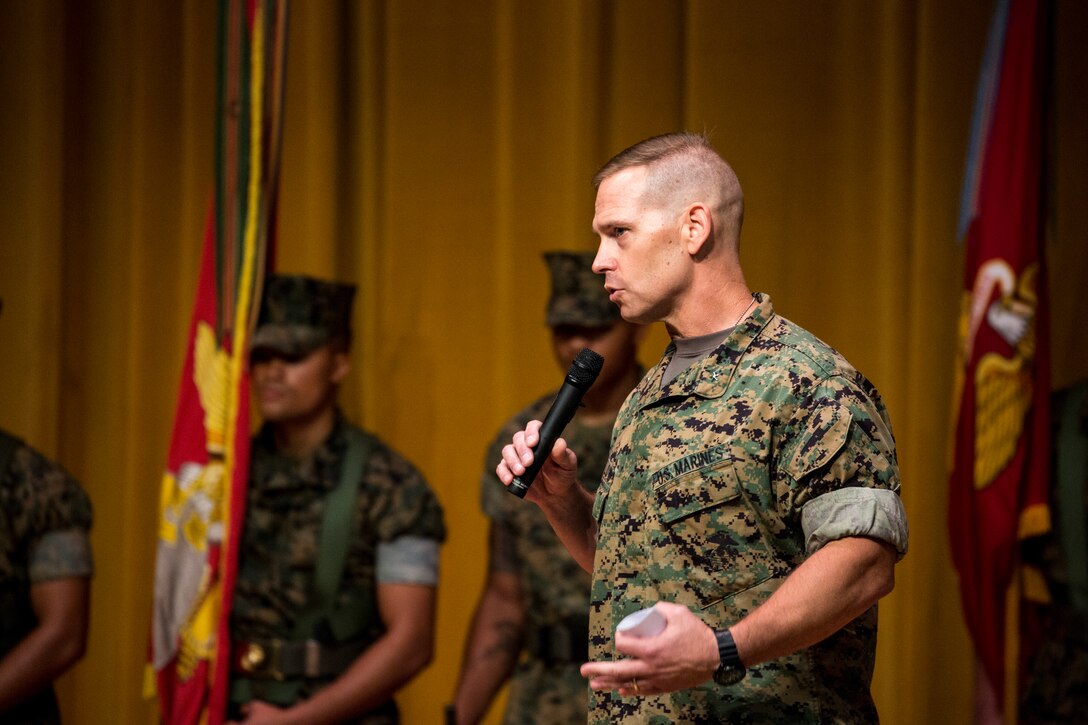 Brig. Gen. Keith D. Reventlow, incoming commanding general of 3rd Marine Logistics Group, speaks to service members and families of 3rd MLG after assuming command of the unit June 29, 2018 at Camp Foster, Okinawa, Japan. Reventlow is a native of Newtown, Connecticut. (U.S. Marine Corps photo by Cpl. Joshua Pinkney)