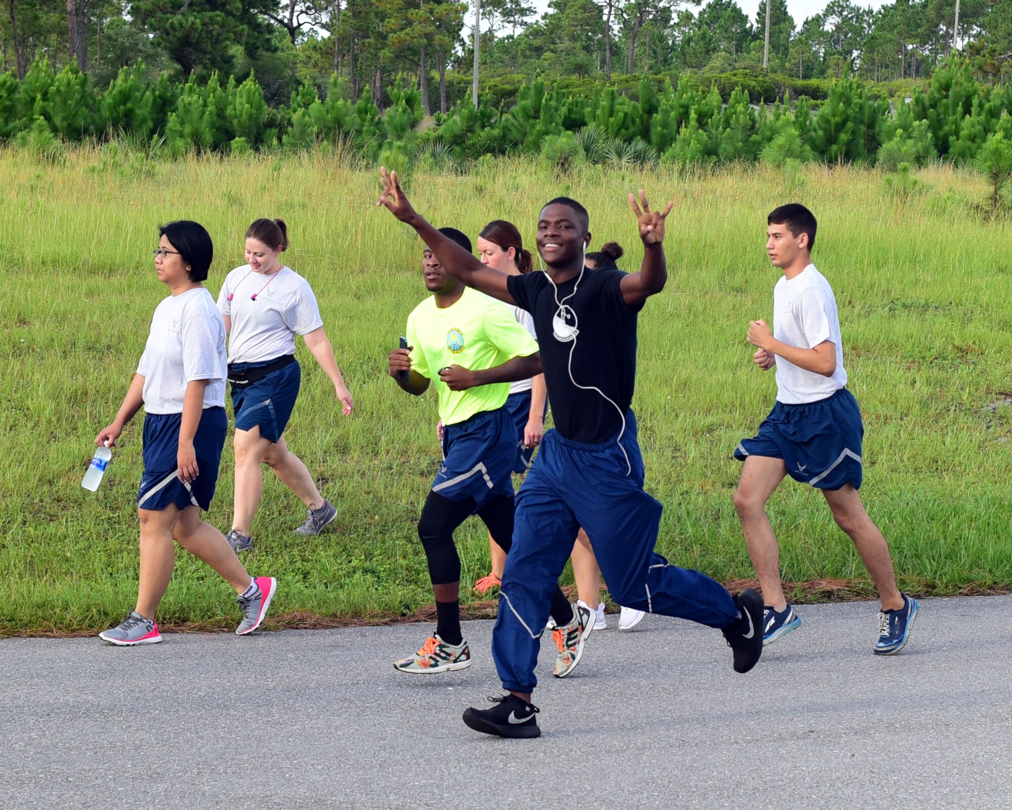 Airmen from all squadrons participate in the 325th Fighter Wing sports day July 3, 2018 at Tyndall Air Force Base, Fla. The sports day was designated as an opportunity for Airmen to work on their team building and Comprehensive Airmen Fitness. The day started out with a 5K run and continued with organized sporting events. (U.S. Air Force photo by Senior Airman Cody R. Miller/Released)