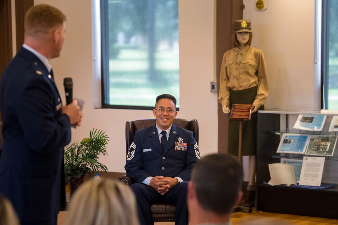 Chief Master Sgt. Jay Banghart, 23d Maintenance Squadron operations chief, laughs during his retirement ceremony, July 6, 2018, at Moody Air Force Base, Ga. Banghart entered the Air Force in 1990 and served in numerous positions within the aircraft maintenance career field throughout his 28 year Air Force career. (U.S. Air Force photo by Airman 1st Class Eugene Oliver)