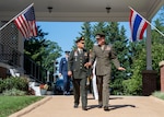 Marine Corps Gen. Joe Dunford, chairman of the Joint Chiefs of Staff, and Thai Army Gen. Tarnchaiyan Srisuwan, chief of the Defense Force, walk out to Whipple Field for an honors ceremony on Fort Myer, July 9, 2018.