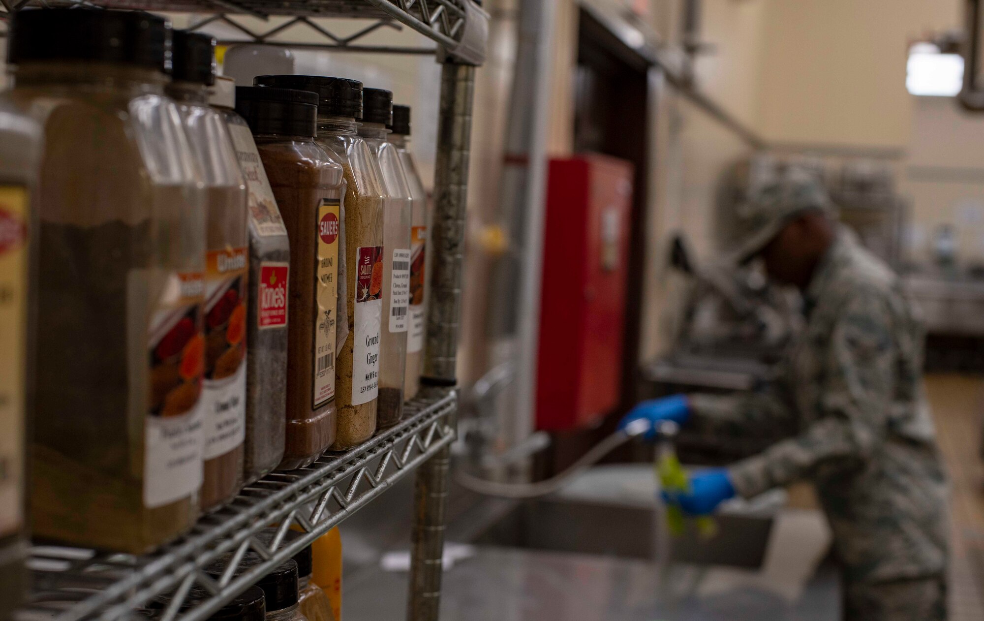 A variety of spices sit on a shelf at the Grissom Dining Facility at Misawa Air Base, Japan, July 05, 2018. Through the Military Nutrition Environment Assessment Tool program, which assesses the availability of nutritious foods such as vegetables, low fat and low sodium items the DFAC achieved the highest score last year. (U.S. Air Force photo by Airman 1st Class Collette Brooks)