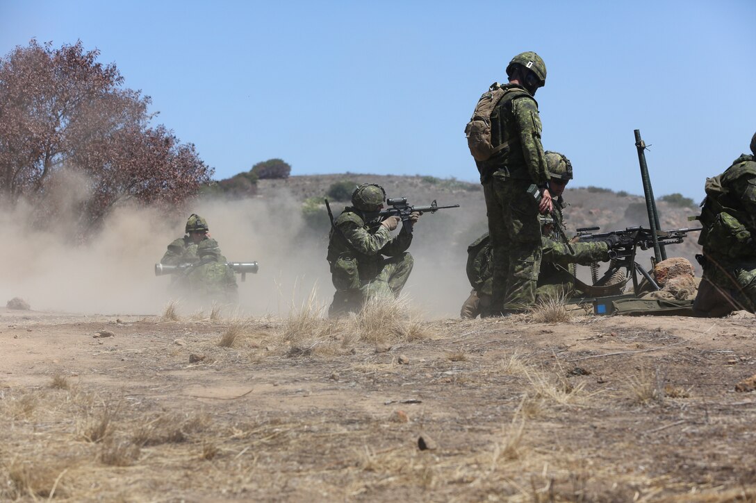 Canadian soldiers with the Royal 22e Régiment shoot at targets during a live-fire range as part of Rim of the Pacific (RIMPAC) exercise at Marine Corps Base Camp Pendleton, California, July 6, 2018. RIMPAC provides high-value training for task-organized, highly-capable Marine Air-Ground Task Force and enhances the critical crisis response capability of U.S. Marines in the Pacific. Twenty-five nations, 46 ships, five submarines, about 200 aircraft and 25,000 personnel are participating in RIMPAC from June 27 to Aug. 2 in and around the Hawaiian Islands and Southern California.