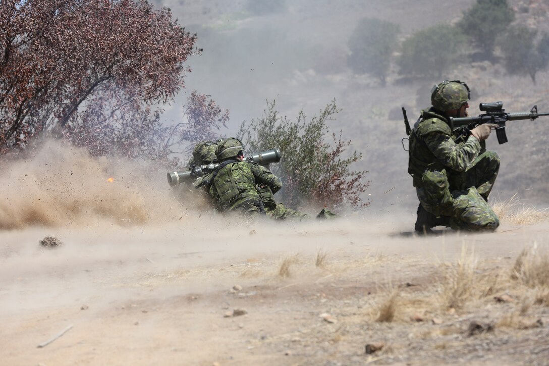 Canadian soldiers with the Royal 22e Régiment shoot at targets during a live-fire range as part of Rim of the Pacific (RIMPAC) exercise at Marine Corps Base Camp Pendleton, California, July 6, 2018. RIMPAC provides high-value training for task-organized, highly-capable Marine Air-Ground Task Force and enhances the critical crisis response capability of U.S. Marines in the Pacific. Twenty-five nations, 46 ships, five submarines, about 200 aircraft and 25,000 personnel are participating in RIMPAC from June 27 to Aug. 2 in and around the Hawaiian Islands and Southern California.