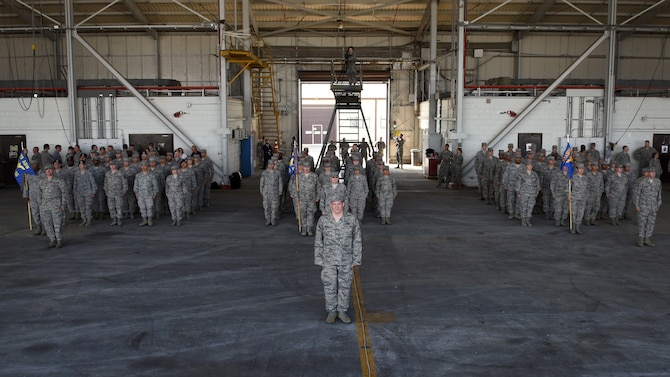 Members of the 39th Air Base Wing stand in formation during a change of command at Incirlik Air Base, Turkey, July 10, 2018.