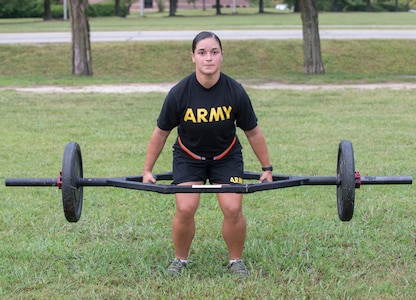 Sgt. Bruna Galarza demonstrates the deadlift event during a pilot for the Army Combat Fitness Test, a six-event assessment designed to reduce injuries and replace the current Army Physical Fitness Test.
