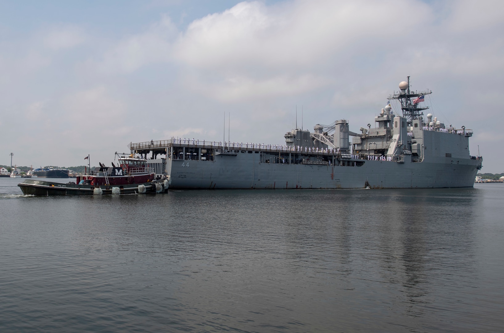 The Amphibious dock landing ship USS Gunston Hall gets underway from Virginia Beach.