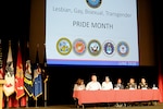 A Lesbian, Gay, Bisexual and Transgender panel answers questions June 29 during Brooke Army Medical Center's "Educate the Force" LGBT Pride Month observance at the Fort Sam Houston Theater. From left are Rev. Naomi Brown, vice chair of the San Antonio Pride Center and current director of training and education; Craig Wymer, retired Sgt. Kourtney Jones, Airman Kamicka Smalls, Spc. Hector Ortiz and 1st Sgt. Jessica Perez-Dixon.