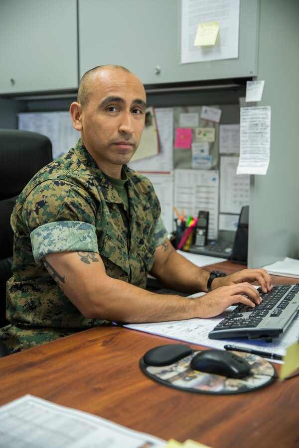 Master Sgt. Victor Juarez, staff noncomissioned officer-in-charge, Manpower Information Systems Support Office 03 (MISSO-03), Marine Corps Installations – West, poses for a photo at Marine Corps Base Camp Pendleton, California, June 27, 2018. MISSO-03 is one of the multiple manpower information support offices across the Marine Corps responsible for assisting units west of the Mississippi River in accurately reporting and retrieving personnel and pay information using the various automated manpower information systems. (U.S. Marine Corps photo by Cpl. Dylan Chagnon)
