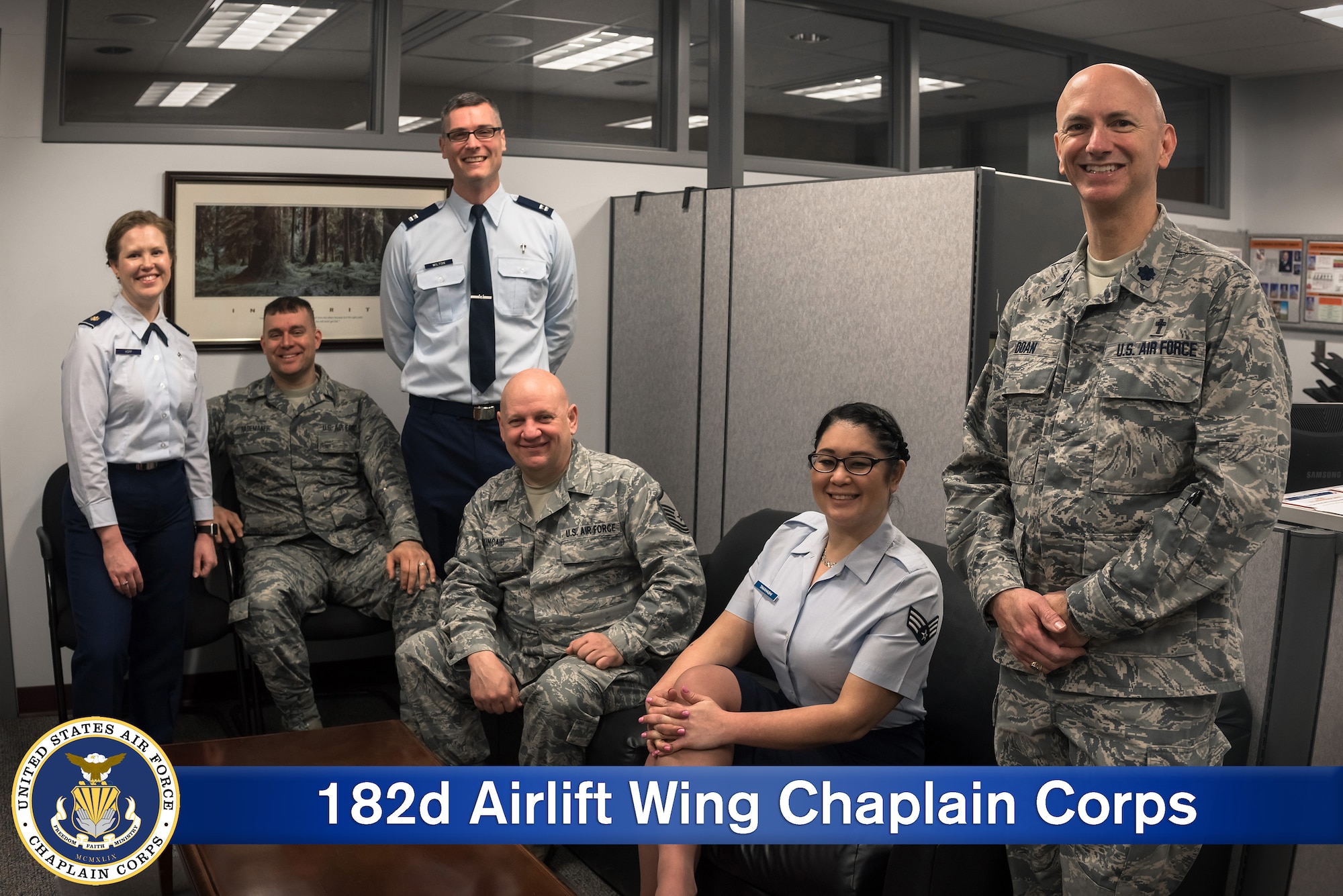 U.S. Air Force chaplains and chaplain assistants with the 182nd Airlift Wing, Illinois Air National Guard, pose for a group photo in Peoria, Ill., April 8, 2018.