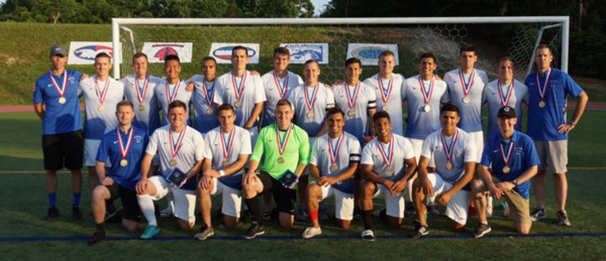 The U.S. Air Force Men’s Soccer Team pose for a group photo following the final match of the 2018 Armed Forces Men's Soccer Championship, at Hedrick Stadium on Fort Bragg, N.C.