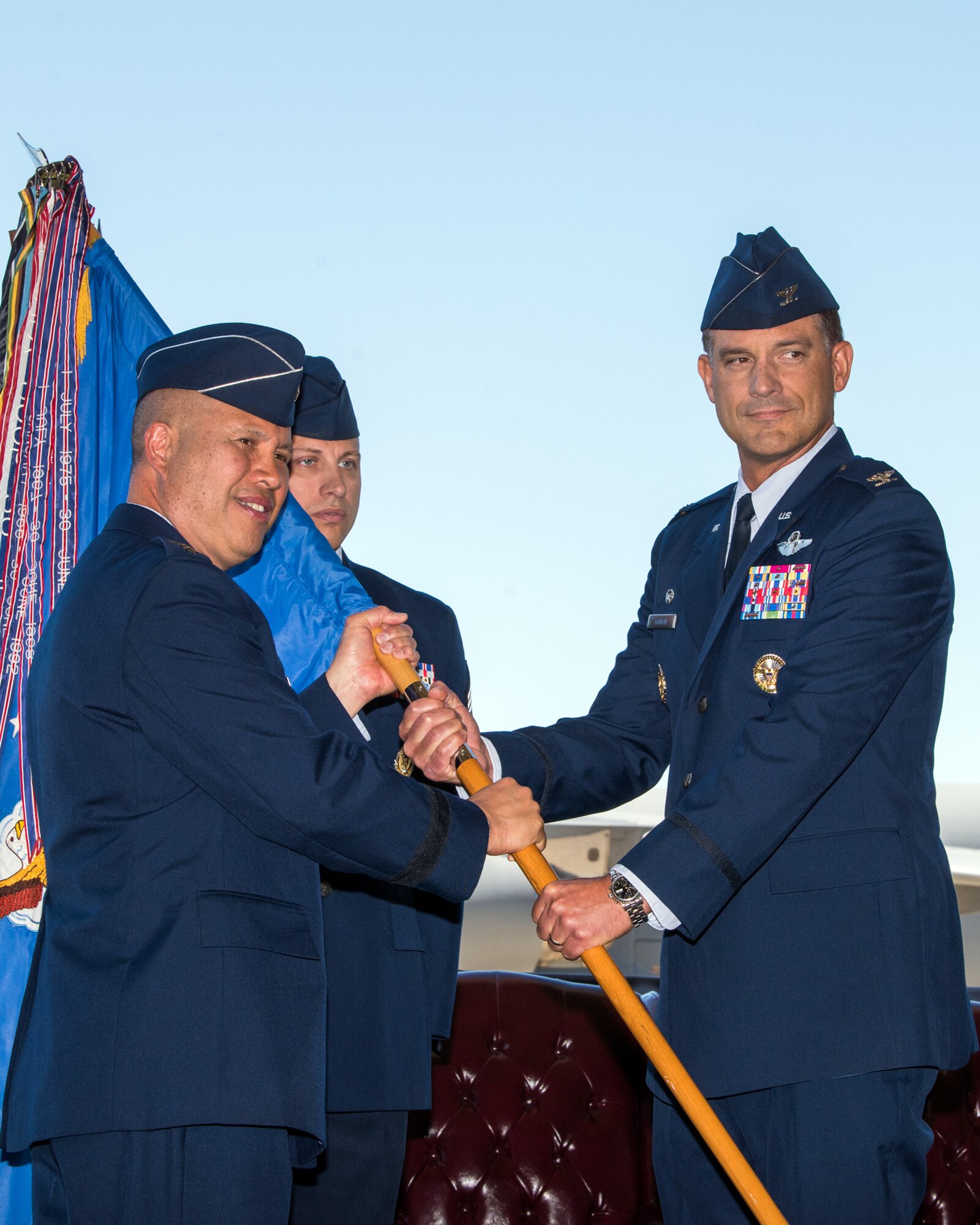 U.S. Air Force Lt. Gen. GI Tuck, 18th Air Force commander, Scott Air Force Base Ill., presides over the 60th Air Mobility Wing Change of Command Ceremony at Travis Air Force Base, Calif., July 10, 2018. Col. John Klein relinquished command of Air Mobility Command’s largest wing to Col. Ethan Griffin. (U.S. Air Force photo by Louis Briscese)