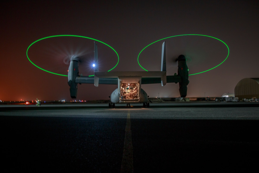 An MV-22 Osprey with Marine Medium Tilt-rotor Squadron 164 loaded with Marines attached to 3rd Battalion 7th Marine Regiment prepare to execute a tactical recovery of aircraft and personnel exercise July 8, 2018. The exercise simulated the rescue of two downed pilots in a night time environment.