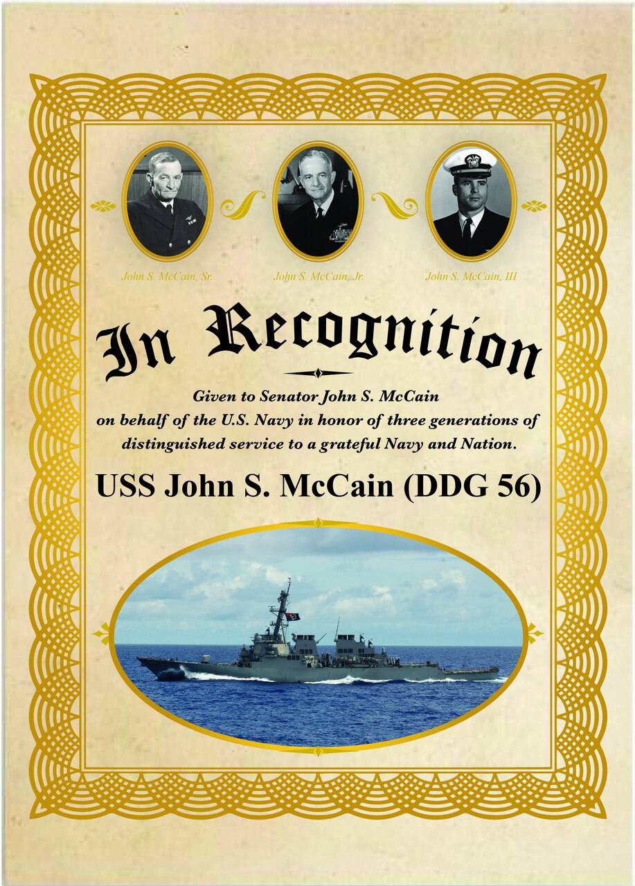 Secretary of the Navy Richard V. Spencer inducted U.S. Sen. John S. McCain III into the official namesake of the guided-missile destroyer USS John S. McCain (DDG 56) in a ceremony on board, July 12.