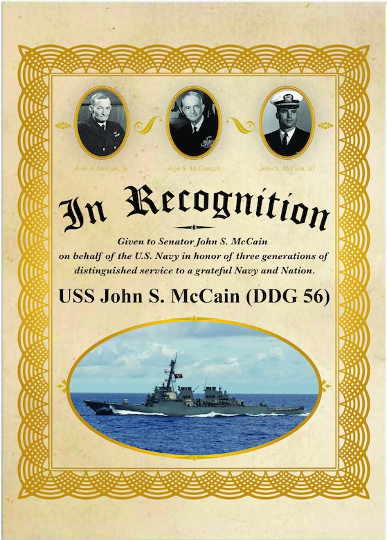 Secretary of the Navy Richard V. Spencer inducted U.S. Sen. John S. McCain III into the official namesake of the guided-missile destroyer USS John S. McCain (DDG 56) in a ceremony on board, July 12.
