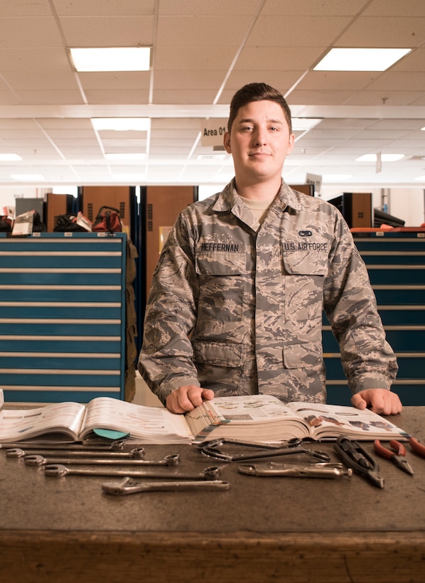 U.S. Air Force Senior Airman Joshua Heffernan, 100th Maintenance Squadron flight aerospace propulsion journeyman, poses for a photo in the composite tool kit section at RAF Mildenhall, England, July 6, 2018. Using Continuous Process Improvement methods, Heffernan and his team created a simple process to order tools and equipment for his flight, reducing order time from 90 days to one day. (U.S. Air Force photo by Senior Airman Kelly O’Connor)