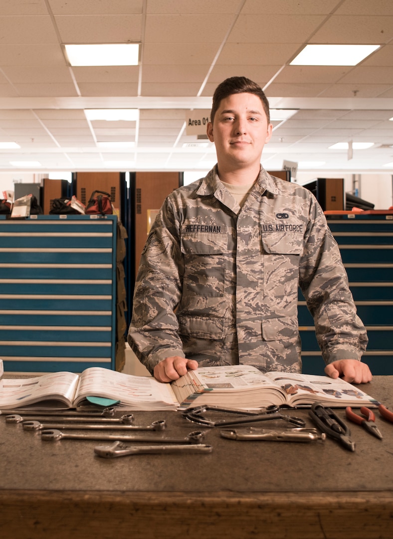 U.S. Air Force Senior Airman Joshua Heffernan, 100th Maintenance Squadron flight aerospace propulsion journeyman, poses for a photo in the composite tool kit section at RAF Mildenhall, England, July 6, 2018. Using Continuous Process Improvement methods, Heffernan and his team created a simple process to order tools and equipment for his flight, reducing order time from 90 days to one day. (U.S. Air Force photo by Senior Airman Kelly O’Connor)