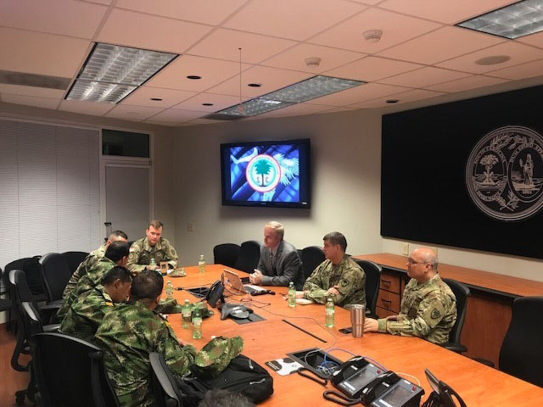 A team of Soldiers from the Colombian army met with South Carolina Army National Guard leadership and experts from the South Carolina Emergency Management Division to discuss disaster response best practices and lessons learned at the South Carolina National Guard Joint Operations Center, June 29, 2018.