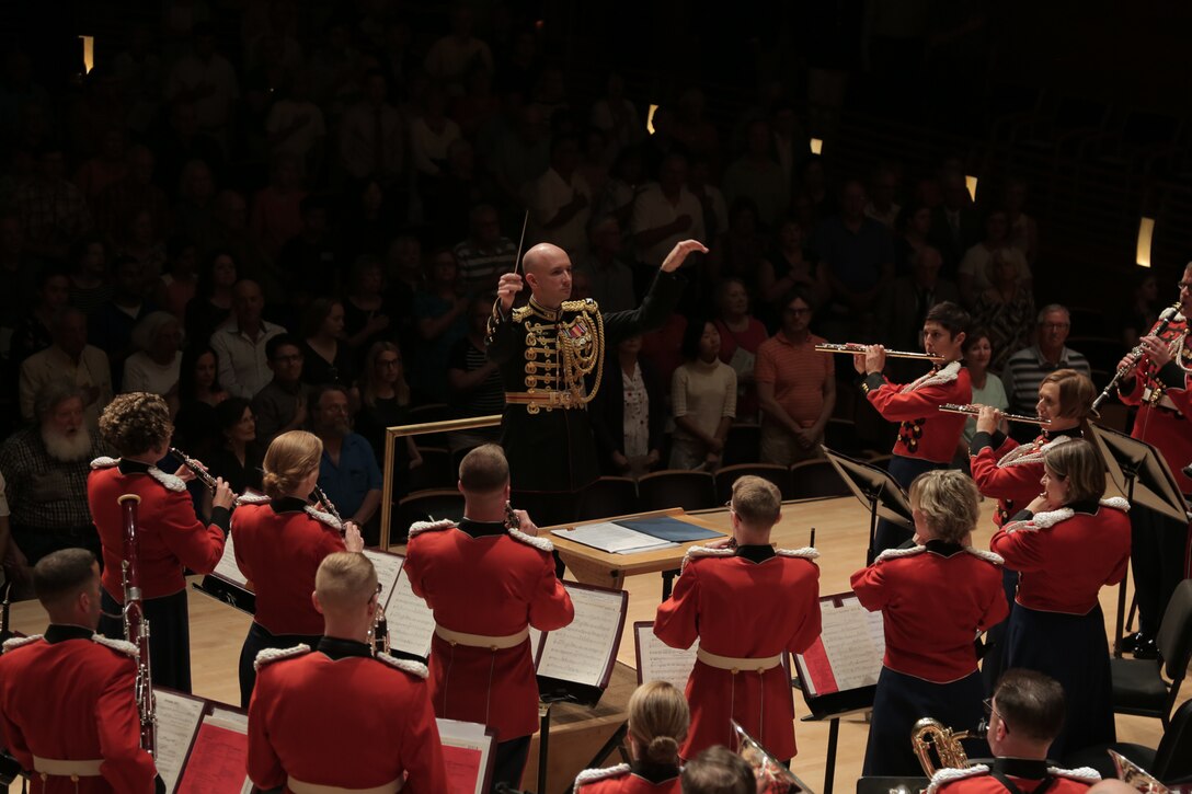 On July 10, 2018 the Marine Band celebrated its 220th anniversary with a special performance featuring guest conductor, piano soloist, and composer Bramwell Tovey at The Music Center at Strathmore in North Bethesda, Md. (U.S. Marine Corps photo by Master Sgt. Kristin duBois/released)