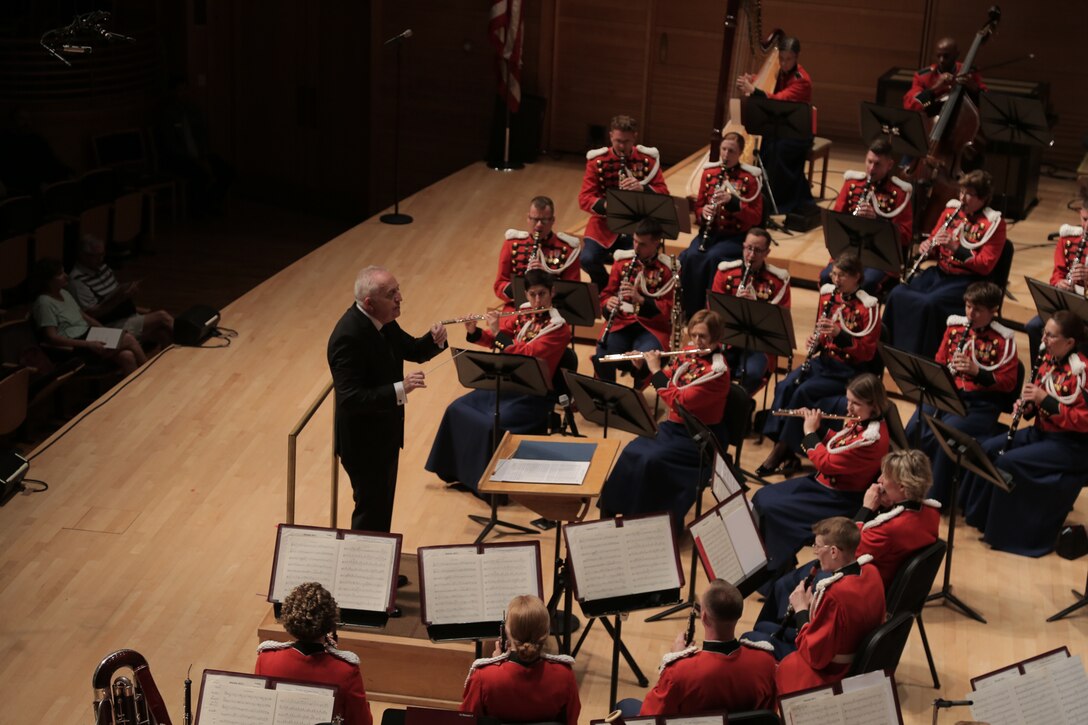 On July 10, 2018 the Marine Band celebrated its 220th anniversary with a special performance featuring guest conductor, piano soloist, and composer Bramwell Tovey at The Music Center at Strathmore in North Bethesda, Md. (U.S. Marine Corps photo by Master Sgt. Kristin duBois/released)
