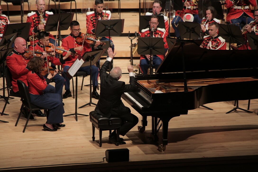 On July 10, 2018 the Marine Band celebrated its 220th anniversary with a special performance featuring guest conductor, piano soloist, and composer Bramwell Tovey at The Music Center at Strathmore in North Bethesda, Md. (U.S. Marine Corps photo by Master Sgt. Kristin duBois/released)