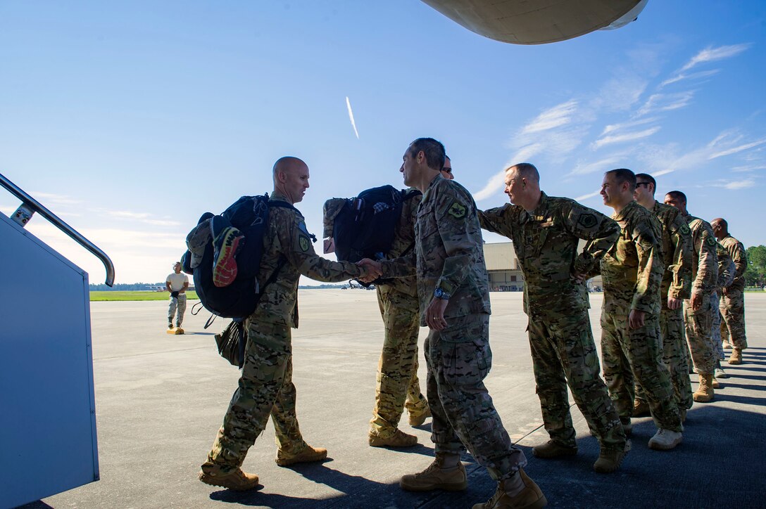 Moody’s senior leadership thanks returning 41st Rescue Squadron (RQS) and 41st Helicopter Maintenance Unit (HMU) Airmen during a redeployment ceremony, July 10, 2018, at Moody Air Force Base, Ga. While deployed, the 41st RQS and 41st HMU provided combat search and rescue capabilities and maintenance operations in support of Combined Joint Task Force-Horn of Africa. (U.S Air Force photo by Senior Airman Greg Nash)