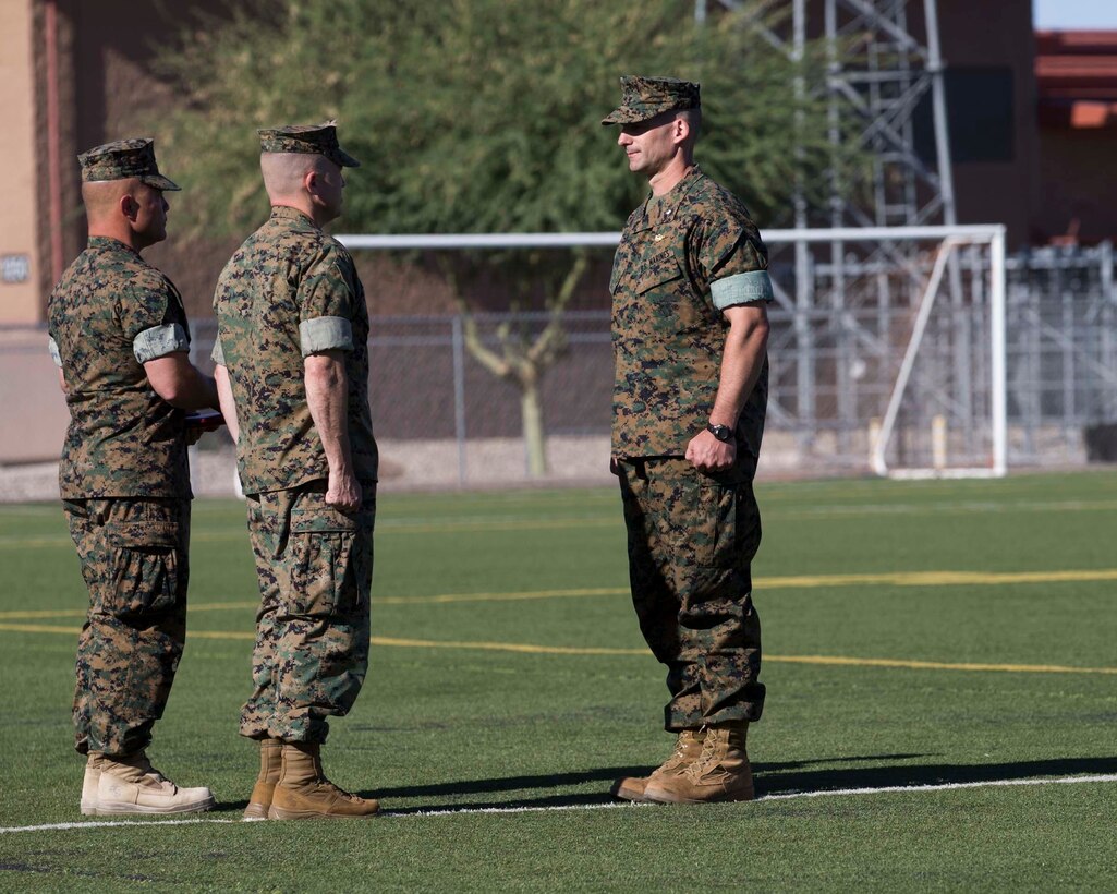 U.S. Marines with Marine Fighter Training Squadron (VMFT) 401 participate in the Change of Command Ceremony where Lt. Col. Jayson M. Tiger relinquished command to Lt. Col Eric L. Geyer on Marine Corps Air Station Yuma, Ariz., June 20, 2018. The Change of Command Ceremony represents the Transfer of responsibility, authority, and accountability from the outgoing commanding officer to the incomming commanding officer. (U.S. Marine Corps photo by Lance Cpl. Joel Soriano)