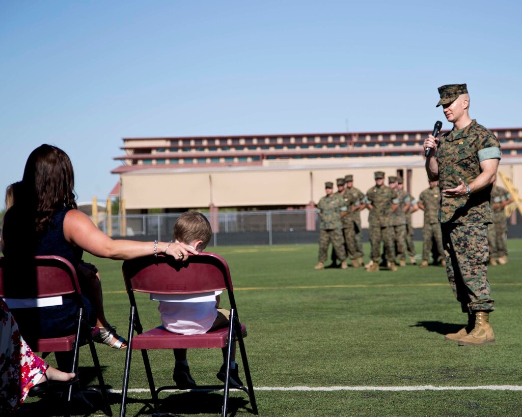 U.S. Marine Corps Lt. Col Eric L. Geyer gives his first remarks as the new Marine Fighter Training Squadron (VMFT) 401 Commanding Officer on Marine Corps Air Station Yuma, Ariz., June 20, 2018. The Change of Command Ceremony represents the Transfer of responsibility, authority, and accountability from the outgoing commanding officer to the incomming commanding officer. (U.S. Marine Corps photo by Lance Cpl. Joel Soriano)