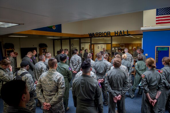 Boom operators and loadmasters of the 97th Training Squadron attend their weekly role call for any need to know information, July 3, 2018 at Altus Air Force Base, Okla.