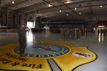 U.S. Marine Corps Maj. Andrew Armstrong, Marine Corps Detachment Goodfellow commanding officer, salutes his detachment for the last time during the Marine Corps Detachment Goodfellow Change of Command at the Louis F. Garland Department of Defense Fire Academy on Goodfellow Air Force Base, Texas, July 10, 2018. The change of command ceremony is a time honored tradition that formally restates the continuity of authority to the officers and personnel of the command. (U.S. Air Force photo by Staff Sgt. Joshua Edwards/Released)
