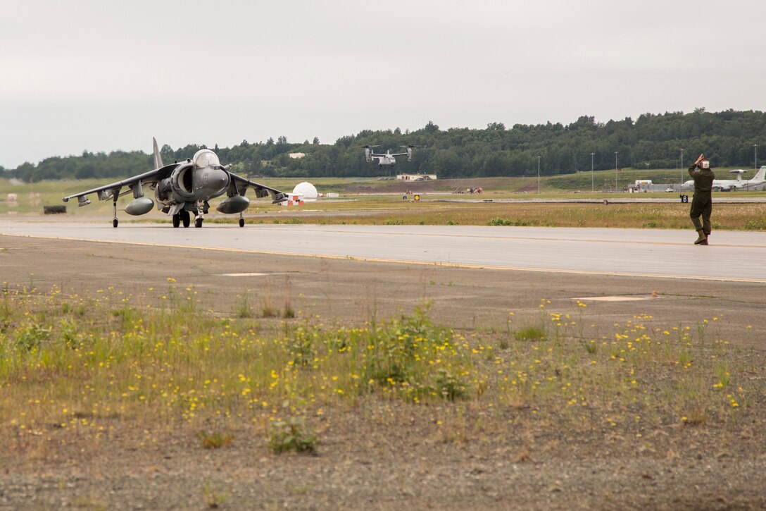 Marine Attack Squadron (VMA) 214, AV-8B Harriers arrive at Joint Base Elmendorf-Richardson, Alaska June 27, 2018. VMA-214 will participate in the 2018 Arctic Thunder Air Show with a flyby, hover demonstration, and a static display. (U.S. Marine Corps photo by Lance Cpl. Sabrina Candiaflores)