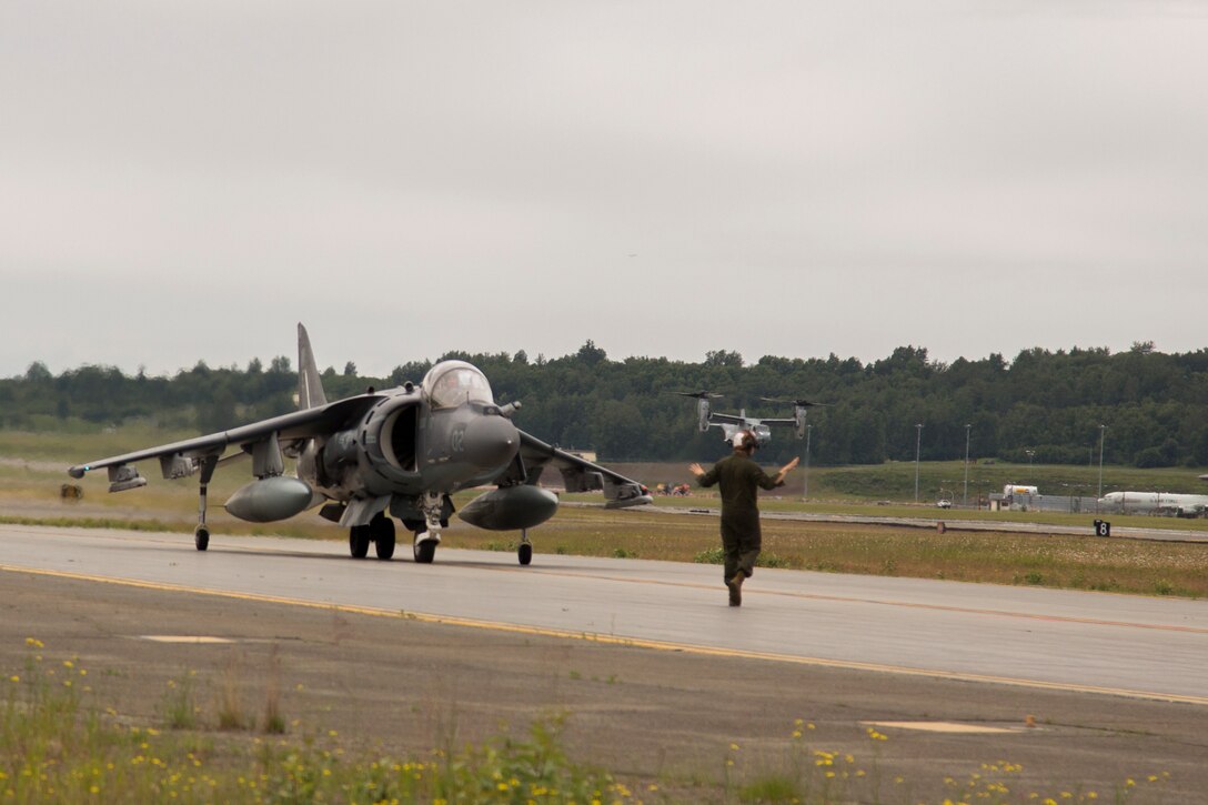 Marine Attack Squadron (VMA) 214, AV-8B Harriers arrive at Joint Base Elmendorf-Richardson, Alaska, June 27, 2018. VMA-214 will participate in the 2018 Arctic Thunder Air Show with a flyby, hover demonstration, and a static display. (U.S. Marine Corps photo by Lance Cpl. Sabrina Candiaflores)