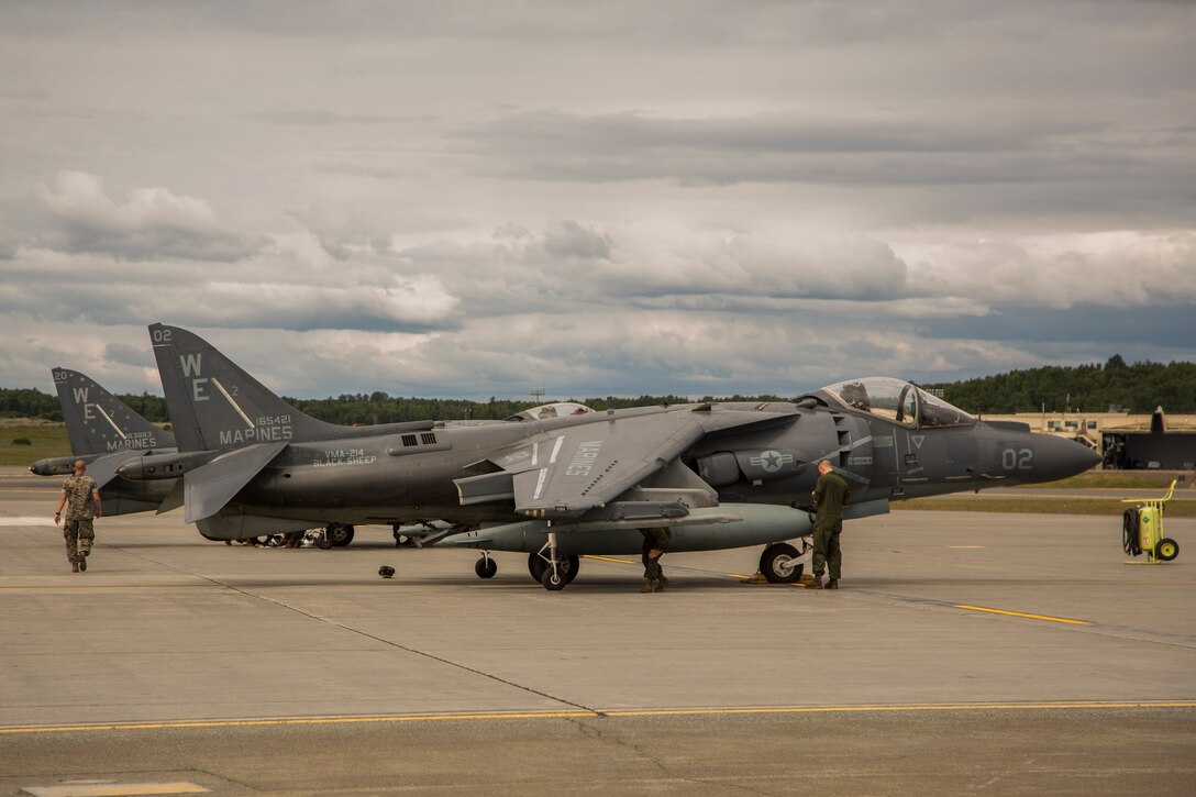 Marine Attack Squadron (VMA) 214 AV-8B Harriers arrive at Joint Base Elmendorf-Richardson, Alaska, June 27, 2018. VMA-214 will participate in the 2018 Arctic Thunder Air Show with a flyby, hover demonstration, and a static display. (U.S. Marine Corps photo by Lance Cpl. Sabrina Candiaflores)