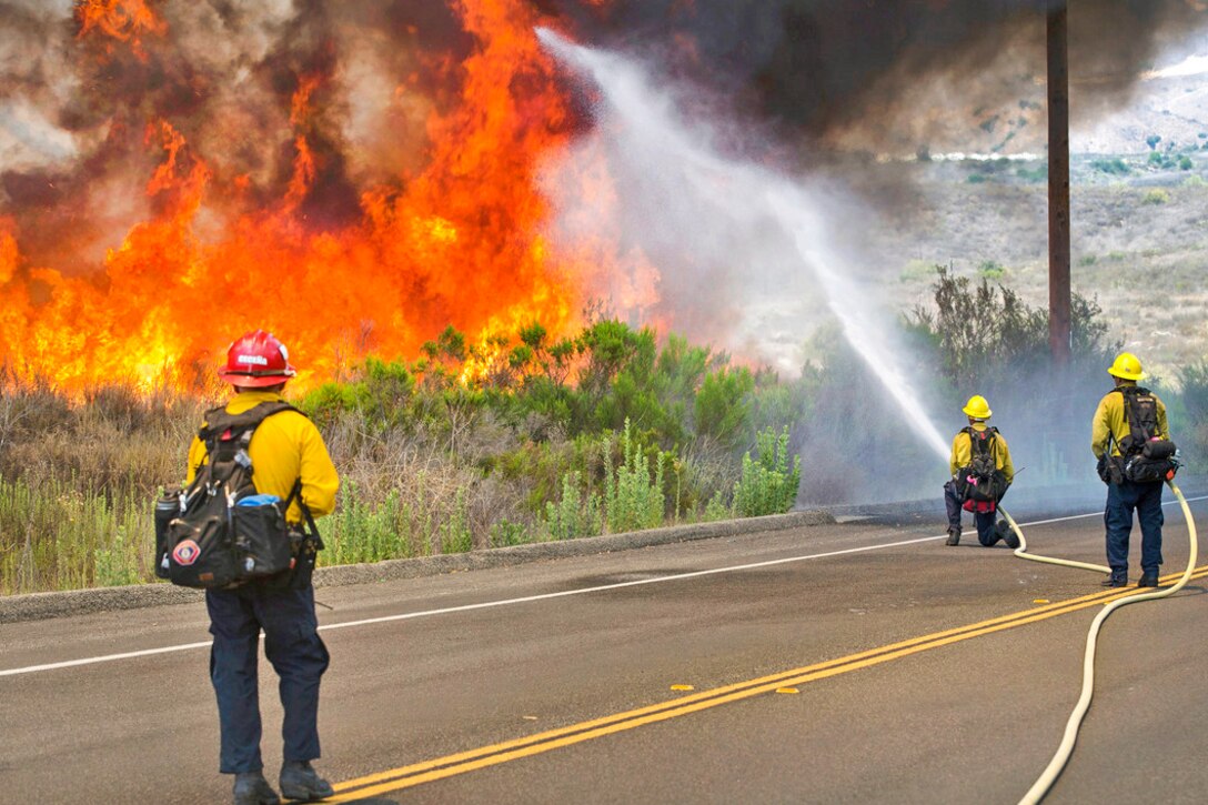 Three firefighters use hoses to fight a wildfire from a road.