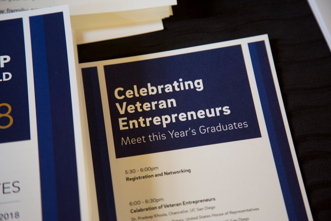 Graduates of the Startup Battlefield 101 certificate program are recognized by the University of California San Diego for the completion of the 8-week course at the Ida and Cecil Green Faculty Club aboard the campus, Monday, June 4, 2018. The graduating class consisted of service members and veterans. The course was taught in partnership with SmartMoney Veterans and is designed to help transitioning service members and veterans leverage the skills they already have and translate those skills into launching businisses and creating successful civilian careers. (U.S. Marine Corps photo by Lance Cpl. Hanna Powell)
