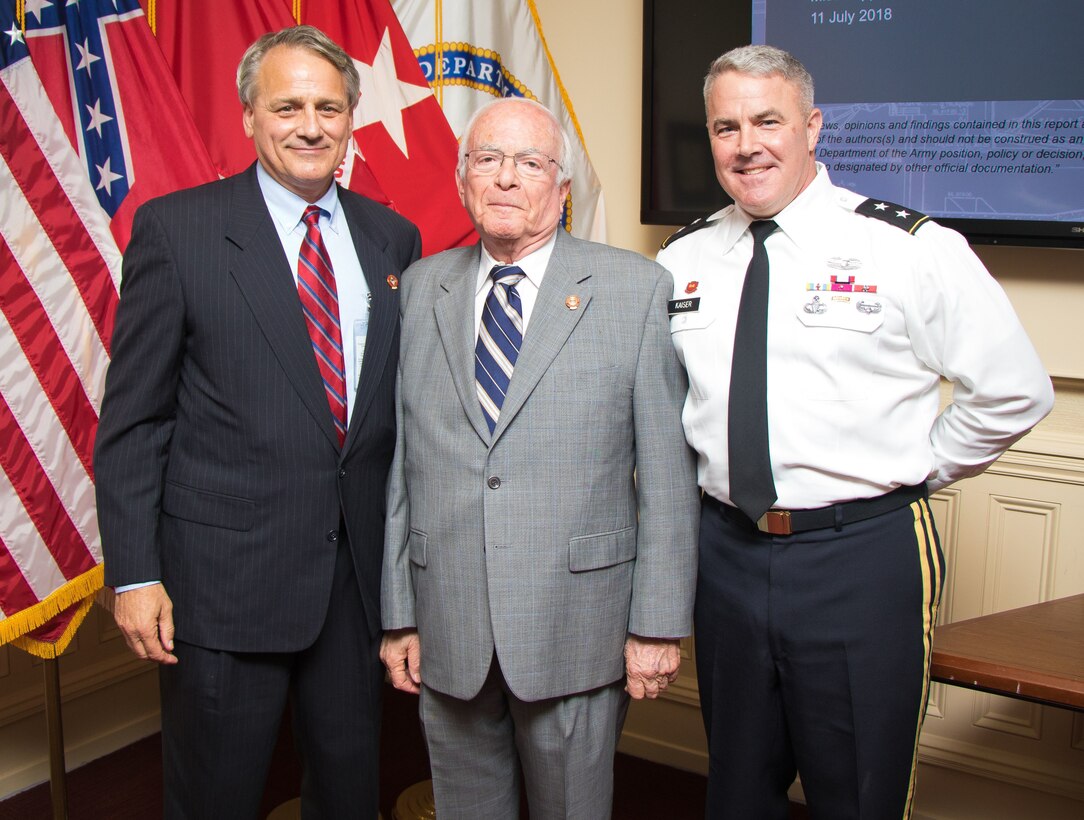 Mississippi River Commission President Maj. Gen. Richard Kaiser and MRC members James A. Reeder and Sam Angel stand in the MRC headquarters in Vicksburg, Miss., July 11, 2018.