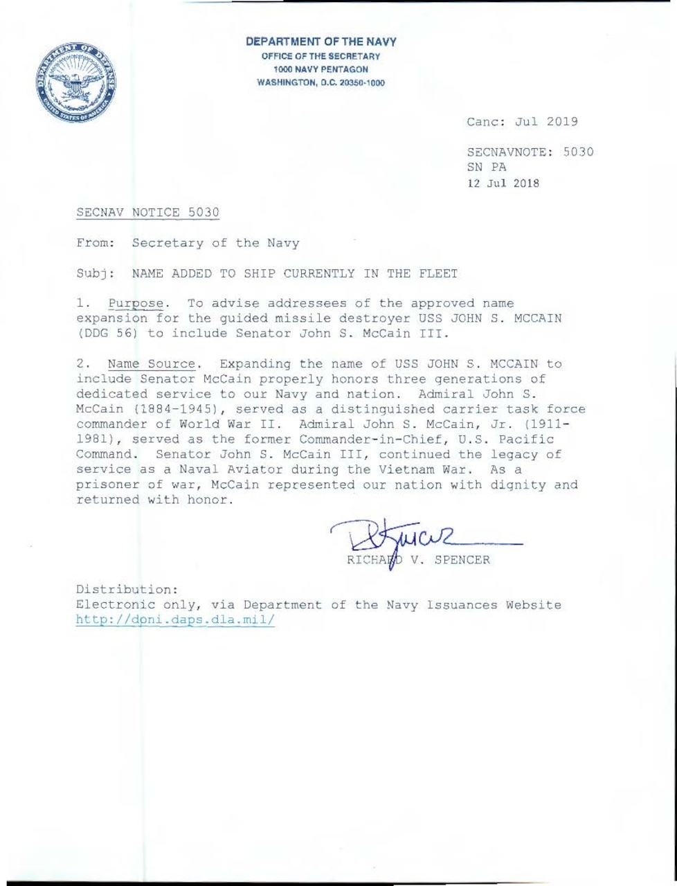 McCain naming memo from the Office of the Secretary of the Navy