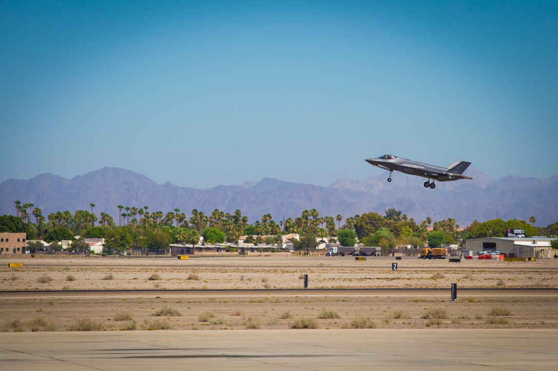 An F-35A Lightning II attached to Hill Air Force Base, Utah, arrives to conduct an exercise on MCAS Yuma, Ariz., June 26, 2018. The exercise tested, for the first time, the interoperability of loading weapon systems between the services F-35's. The U.S. Air Force operates with the F-35A Lightning II, while the U.S. Marine Corps operates with the F-35B Lightning II. (U.S. Marine Corps photo by Sgt. Allison Lotz)