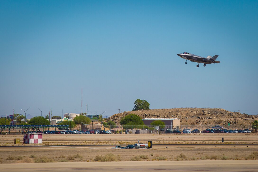 An F-35A Lightning II attached to Hill Air Force Base, Utah, arrives to conduct an exercise on MCAS Yuma, Ariz., June 26, 2018. The exercise tested, for the first time, the interoperability of loading weapon systems between the services F-35's. The U.S. Air Force operates with the F-35A Lightning II, while the U.S. Marine Corps operates with the F-35B Lightning II. (U.S. Marine Corps photo by Sgt. Allison Lotz)
