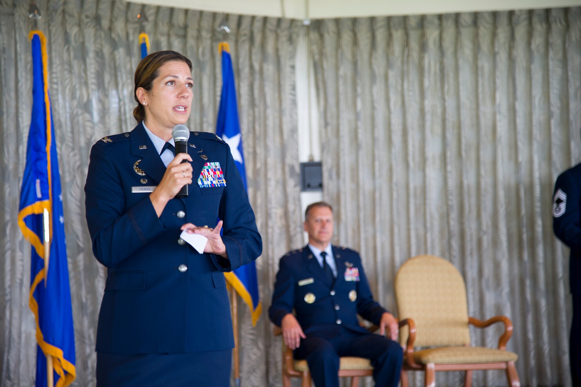 U.S. Air Force Col. Athanasia Shinas, 624th Regional Support Group commander, speaks to leaders and Airmen during an assumption of command ceremony at Joint Base Pearl Harbor-Hickam, Hawaii, July 7, 2018.