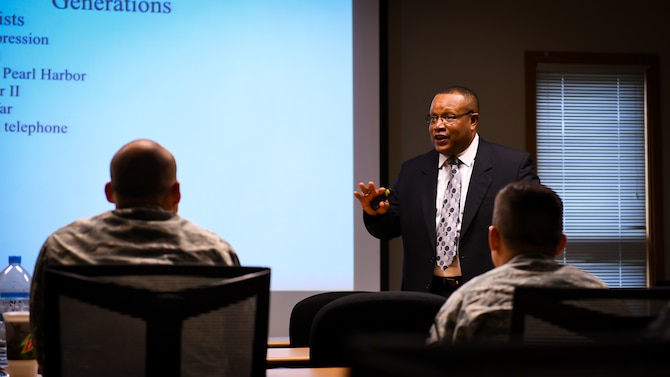 Rick Caldwell, Cultural Competency seminar leader, speaks to more than 50 troops about his perspectives on diversity and inclusion during a seminar on Osan Air Base, Republic of Korea, July 10, 2018