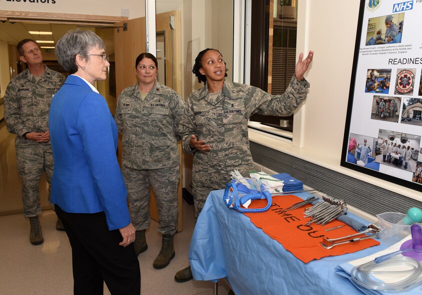 Master Sgt. Sheree Luckey, 48th Surgical Operations Squadron flight chief, briefs Secretary of the Air Force Heather Wilson on her squadron’s mission at Royal Air Force Lakenheath, England, July 11, 2018. During her visit, Wilson met with Airmen from across the base, learning what it takes to make the mission happen every day and how 48th Fighter Wing personnel are innovating by streamlining processes and reducing redundancies. (U.S. Air Force photo by Staff Sgt. Alex Fox Echols III)